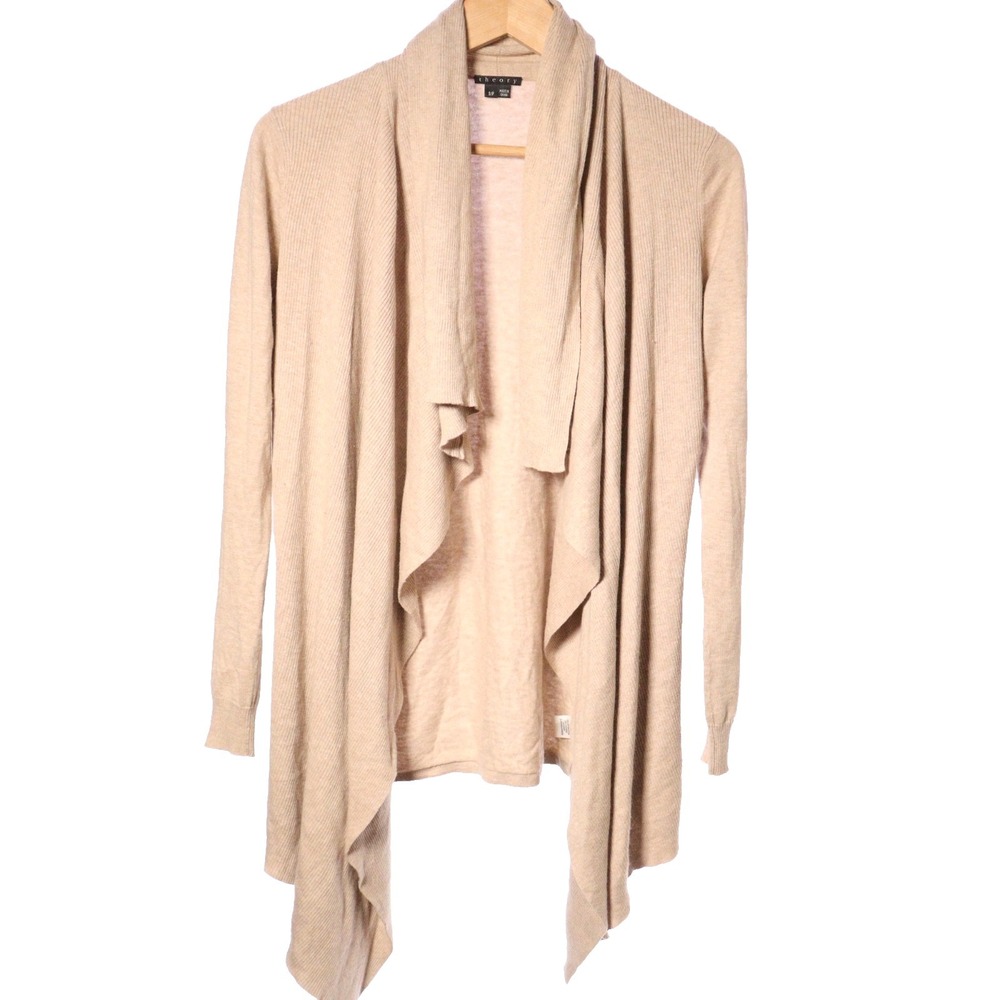 Theory Women Open Front Draped Cardigan Beige Light Layering Cotton Cashmere S